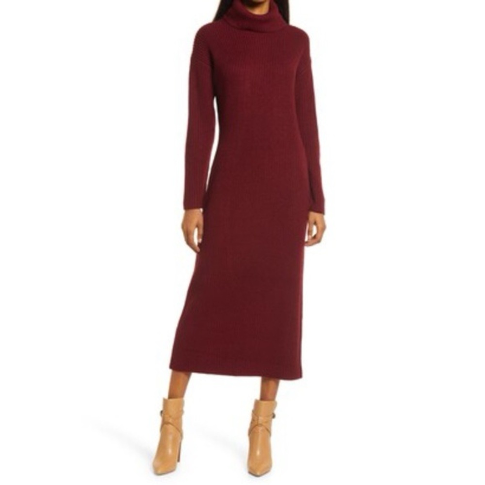 Chic Long Sleeve Burgundy Sweater Dress